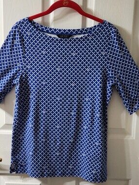 Ralph Lauren stretch Knit Tee Top boat neck Size large royal blue/white Logo LRL